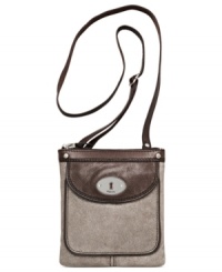 The perfect combination of classic and cool, this easygoing design from Fossil gets a mod makeover in soft metallic suede with vintage-inspired hardware. Carry it to work, on weekend excursions, wherever. The perfect combination of classic and cool, this easygoing design from Fossil gets a mod makeover in soft metallic suede with vintage-inspired hardware. Carry it to work, on weekend excursions, wherever.