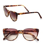 This glossy resin style features a chic partial rim design accented in shiny metal. Available in havana with gold detailing with brown gradient lens. 100% UV protectionImported
