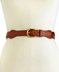 Elevate any ensemble with this vintage-chic Fossil belt that makes a classic contemporary. The antiqued brass-tone buckle is paired with a mod woven pattern, for a look that's altogether eye-catching. Elevate any ensemble with this vintage-chic Fossil belt that makes a classic contemporary. The antiqued brass-tone buckle is paired with a mod woven pattern, for a look that's altogether eye-catching.