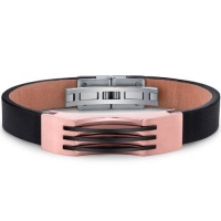 Mens Stainless Steel and Leather Bracelet with Rose Gold and Black Triple Stripe Accents Mens Stainless Steel and Leather Bracelet with Rose Gold and Black Triple Stripe Accents