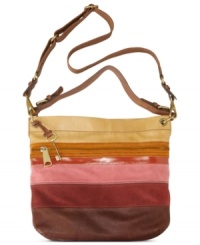 Get a groovy, vintage vibe with this mod colorblock design from Fossil that blends leather, suede and pops of patent for a positively eye-catching effect. Decked out in bold hues and brasstone hardware, it lends a look that's both alluring and laid-back. Get a groovy, vintage vibe with this mod colorblock design from Fossil that blends leather, suede and pops of patent for a positively eye-catching effect. Decked out in bold hues and brasstone hardware, it lends a look that's both alluring and laid-back.