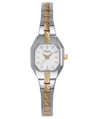 Give your look everyday luxury with this feminine, refined watch from Caravelle by Bulova. Two-tone mixed metal bracelet and cushion-shaped case. Octagonal white dial with logo and stick indices. Quartz movement. Moisture resistant. Two-year limited warranty. Give your look everyday luxury with this feminine, refined watch from Caravelle by Bulova. Two-tone mixed metal bracelet and cushion-shaped case. Octagonal white dial with logo and stick indices. Quartz movement. Moisture resistant. Two-year limited warranty.