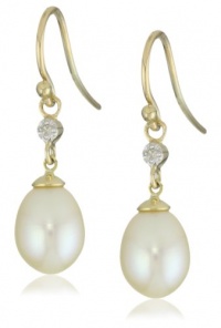 10k Yellow Gold Oval Freshwater Cultured Pearl Diamond Accent Dangle Earrings