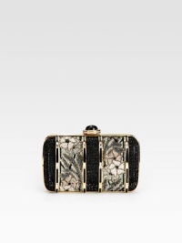 A hand-crafted crystal encrusted design with floral panels that is a true work of art.Detachable chain shoulder strap, 9 dropPush-lock closureMetallic leather lining6W X 4H X 1½DMade in Italy A hand-crafted crystal encrusted design with floral panels that is a true work of art.Detachable chain shoulder strap, 9 dropPush-lock closureMetallic leather lining6W X 4H X 1½DMade in Italy