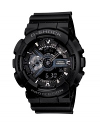 Make your presence known. Watch by G-Shock crafted of black resin strap and round case with logo at bezel. Layered analog and digital display dial features shock and magnetic resistance, auto LED light with afterglow, world time, four daily alarms, one snooze, hourly time signal, stopwatch, countdown timer, full auto calendar and 12/24-hour formats. Quartz movement. Water resistant to 200 meters. One-year limited warranty. Make your presence known. Watch by G-Shock crafted of black resin strap and round case with logo at bezel. Layered analog and digital display dial features shock and magnetic resistance, auto LED light with afterglow, world time, four daily alarms, one snooze, hourly time signal, stopwatch, countdown timer, full auto calendar and 12/24-hour formats. Quartz movement. Water resistant to 200 meters. One-year limited warranty.