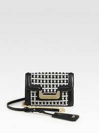 A high-contrast woven wool design accented in smooth leather and radiant hardware.Detachable chain and leather shoulder strap, 23½ dropMagnetic snap flap closureOne outside open pocketOne inside zip pocketFully lined6¾W X 5H X 1½DImported A high-contrast woven wool design accented in smooth leather and radiant hardware.Detachable chain and leather shoulder strap, 23½ dropMagnetic snap flap closureOne outside open pocketOne inside zip pocketFully lined6¾W X 5H X 1½DImported