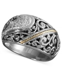 Extraordinary elegance. A tasteful band ring by Balissima by Effy Collection features scrolling filigree accents and round-cut diamonds (1/10 ct. t.w.). Crafted in sterling silver with 18k gold accents. Size 7. Extraordinary elegance. A tasteful band ring by Balissima by Effy Collection features scrolling filigree accents and round-cut diamonds (1/10 ct. t.w.). Crafted in sterling silver with 18k gold accents. Size 7.