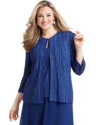 Set to sparkle: This two-piece plus size jacket and cami set by Alex Evenings features a metallic shimmer worthy of almost any special occasion. Set to sparkle: This two-piece plus size jacket and cami set by Alex Evenings features a metallic shimmer worthy of almost any special occasion.