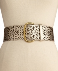 This wide Steve Madden belt lends elegant chic to your closet. Intricate cut-out detail and a large, oval buckle recall vintage style. This wide Steve Madden belt lends elegant chic to your closet. Intricate cut-out detail and a large, oval buckle recall vintage style.
