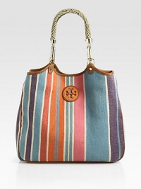 A durable canvas style with a colorful striped design accented in luxurious leather and textured rope.Double rope top handles, 9 dropMagnetic snap closureOne inside zip pocketTwo inside open pocketsCotton lining14½W X 13H X 6DImported A durable canvas style with a colorful striped design accented in luxurious leather and textured rope.Double rope top handles, 9 dropMagnetic snap closureOne inside zip pocketTwo inside open pocketsCotton lining14½W X 13H X 6DImported