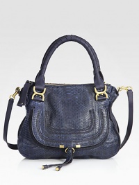 A versatile shape of genuine python and calfskin leather, with matte gold tone hardware and tennis-wrapped top handles. Double tonal top handles, 5 dropDetachable shoulder strap, 18½ dropTop zip closureHidden open pocket under flapOne inside zip pocketOne inside open pocketCotton lining13¾W X 10¾H X 4½DMade in Italy A versatile shape of genuine python and calfskin leather, with matte gold tone hardware and tennis-wrapped top handles. Double tonal top handles, 5 dropDetachable shoulder strap, 18½ dropTop zip closureHidden open pocket under flapOne inside zip pocketOne inside open pocketCotton lining13¾W X 10¾H X 4½DMade in Italy