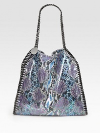 An exotic and colorful print with shiny chain link trim that follows the brand's vegetarian initiatives.Double chain top handles, 9 dropMagnetic snap closureOne inside zip pocketFully lined13W X 12½H X 3½DMade in Italy An exotic and colorful print with shiny chain link trim that follows the brand's vegetarian initiatives.Double chain top handles, 9 dropMagnetic snap closureOne inside zip pocketFully lined13W X 12½H X 3½DMade in Italy