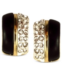 Black and gold for the bold. Shimmering with glass stones, these hoop earrings from Anne Klein bring much needed sparkle. Clip-on backing for non-pierced ears. Crafted in gold tone mixed metal. Approximate diameter: 1/2 inch. Black and gold for the bold. Shimmering with glass stones, these hoop earrings from Anne Klein bring much needed sparkle. Clip-on backing for non-pierced ears. Crafted in gold tone mixed metal. Approximate diameter: 1/2 inch.