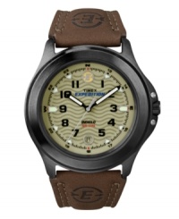 From camping to kayaking, this Timex Expedition watch has no boundaries. Brown logo-embossed leather strap and round black resin case. Printed olive dial features black numerals and luminous markers, date window at six o'clock, luminous hands and logo at twelve o'clock. Quartz movement. Water resistant to 30 meters. One-year limited warranty. From camping to kayaking, this Timex Expedition watch has no boundaries. Brown logo-embossed leather strap and round black resin case. Printed olive dial features black numerals and luminous markers, date window at six o'clock, luminous hands and logo at twelve o'clock. Quartz movement. Water resistant to 30 meters. One-year limited warranty.