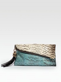 Gorgeous sea snake impeccably-crafted in a sleek frame-top design.Top flap zip closureOne clasp-top compartmentOne inside open pocketSatin lining10W X 5¼H X 1DMade in Italy Gorgeous sea snake impeccably-crafted in a sleek frame-top design.Top flap zip closureOne clasp-top compartmentOne inside open pocketSatin lining10W X 5¼H X 1DMade in Italy