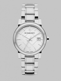 An iconic check stamped dial with a sleek stainless steel link bracelet. Swiss quartz movementWater resistant to 5 ATMRound stainless steel case, 34mm (1.3)Smooth bezelSilver check stamped dialBar hour markersDate display at 3 o'clockSecond hand Stainless steel link braceletMade in Switzerland An iconic check stamped dial with a sleek stainless steel link bracelet. Swiss quartz movementWater resistant to 5 ATMRound stainless steel case, 34mm (1.3)Smooth bezelSilver check stamped dialBar hour markersDate display at 3 o'clockSecond hand Stainless steel link braceletMade in Switzerland