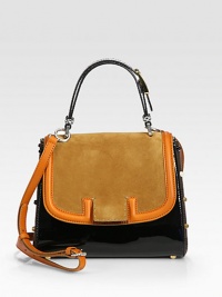 Lustrous patent leather, ultra-soft suede and leather trim combine in this studded design, finished with a python top handle. Adjustable python top handle, 5¼-5½ dropAdjustable detachable leather shoulder strap, 19-25½ dropTurn-lock on front flapProtective metal feetOne inside zip pocketLinen lining4W X 9½H X 6DMade in Italy Lustrous patent leather, ultra-soft suede and leather trim combine in this studded design, finished with a python top handle. Adjustable python top handle, 5¼-5½ dropAdjustable detachable leather shoulder strap, 19-25½ dropTurn-lock on front flapProtective metal feetOne inside zip pocketLinen lining4W X 9½H X 6DMade in Italy