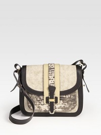 A sophisticated flap-front silhouette of linen and textured leather in contrasting tones. Shoulder strap, 15½ dropMagnetic flap closureOne outside pocket under flapTwo inside open compartmentsOne inside zip pocketCotton lining10¼W X 9H X 2½DImported A sophisticated flap-front silhouette of linen and textured leather in contrasting tones. Shoulder strap, 15½ dropMagnetic flap closureOne outside pocket under flapTwo inside open compartmentsOne inside zip pocketCotton lining10¼W X 9H X 2½DImported