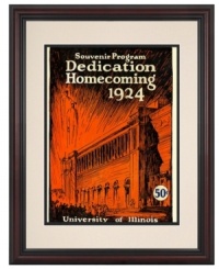 Take home a souvenir from the 1924 homecoming and dedication of Illinois Memorial Stadium. A restored game day program cover, this bold print puts Illini football fans in a fighting mood. With a cherry-finished frame and cream mat. Take home a souvenir from the 1924 homecoming and dedication of Illinois Memorial Stadium. A restored game day program cover, this bold print puts Illini football fans in a fighting mood. With a cherry-finished frame and cream mat.