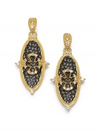 THE LOOKDrop silhouetteTextured oval with cross detailCubic zirconia accentsGold vermeil and black rhodium-plated settingPost backTHE MEASUREMENTLength, about 1.5ORIGINImported THE LOOKDrop silhouetteTextured oval with cross detailCubic zirconia accentsGold vermeil and black rhodium-plated settingPost backTHE MEASUREMENTLength, about 1.5ORIGINImported