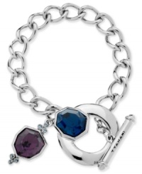 Like links? This bracelet from T Tahari, crafted from silver-tone, nickel-free mixed metal, has a toggle closure and is adorned with purple and blue accents. Approximate length: 7-1/2 inches + 1-inch extender. Like links? This bracelet from T Tahari, crafted from silver-tone, nickel-free mixed metal, has a toggle closure and is adorned with purple and blue accents. Approximate length: 7-1/2 inches + 1-inch extender.