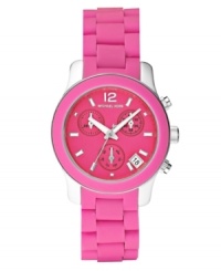 Hot pink takes this structured steel watch to playful levels, by Michael Kors. Hot pink takes this structured steel watch to playful levels, by Michael Kors.