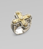 Brilliant diamonds and radiant 18k gold cross inset in beautifully detailed sterling silver. Sterling silver18k goldDiamonds, .09 tcwWidth, about 1Imported 