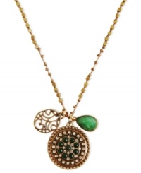 Green is good in this charm necklace from Lucky Brand. Crafted from gold-tone mixed metal, the necklace is adorned with semi-precious dyed jade accents. Item comes packaged in a signature Lucky Brand Box. Approximate length: 30 inches. Approximate drop: 1-1/4 inches. Green is good in this charm necklace from Lucky Brand. Crafted from gold-tone mixed metal, the necklace is adorned with semi-precious dyed jade accents. Item comes packaged in a signature Lucky Brand Box. Approximate length: 30 inches. Approximate drop: 1-1/4 inches.