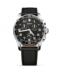 Check the time in military-inspired fashion. With a black leather strap and sporty dial, Victorinox's army-inspired watch is a commanding accent for citified looks. Check the time in military-inspired fashion. With a black leather strap and sporty dial, Victorinox's army-inspired watch is a commanding accent for citified looks.