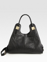 A go-everywhere style in stunning pebbled leather with goldtone hardware.Double top handles, 10 dropDetachable adjustable shoulder strap, 20-22½ dropMagnetic snap closureTwo open and one zip inner compartmentsFully lined16½W X 15H X 8DImported A go-everywhere style in stunning pebbled leather with goldtone hardware.Double top handles, 10 dropDetachable adjustable shoulder strap, 20-22½ dropMagnetic snap closureTwo open and one zip inner compartmentsFully lined16½W X 15H X 8DImported