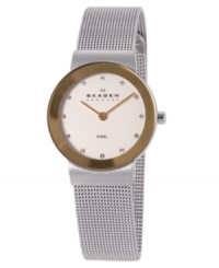 Classic Skagen Denmark style with subtle shine. This gorgeous bracelet features a stainless steel mesh bracelet and round case. Goldtone bezel. White dial with logo and Swarovski crystal accents at markers. Quartz movement. Water resistant to 30 meters. Limited lifetime warranty. Classic Skagen Denmark style with subtle shine. This gorgeous bracelet features a stainless steel mesh bracelet and round case. Goldtone bezel. White dial with logo and Swarovski crystal accents at markers. Quartz movement. Water resistant to 30 meters. Limited lifetime warranty.
