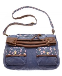 Distressed detailing combines with sweet floral accents to give this American Rag purse a fun, easy-going look. Solid trim and goldtone hardware adorn this trendy crossbody bag for a relaxed, all-American style. Distressed detailing combines with sweet floral accents to give this American Rag purse a fun, easy-going look. Solid trim and goldtone hardware adorn this trendy crossbody bag for a relaxed, all-American style.