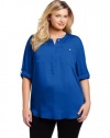 DKNYC Women?s Plus-Size Long Roll Sleeve Blouse with Chiffon Sleeveless and Yoke