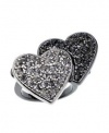 GUESS Ring, Silver and Hematite Tone Double Heart with Crystal Accents Ring Size 7