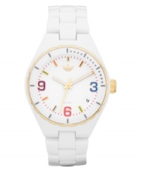 Keep your adidas look fresh with this clean white watch design with pops of summer-ready color. Keep your adidas look fresh with this clean white watch design with pops of summer-ready color.