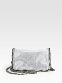 A chic style with a glossy sheen and shiny link chain trim that follows the brand's vegetarian initiatives.Chain shoulder strap, 25 dropMagnetic snap flap closureOne inside open pocketFully lined8W X 4½H X 1½DMade in Italy A chic style with a glossy sheen and shiny link chain trim that follows the brand's vegetarian initiatives.Chain shoulder strap, 25 dropMagnetic snap flap closureOne inside open pocketFully lined8W X 4½H X 1½DMade in Italy