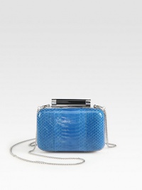 Luxurious snakeskin in a petite frame, perfect for a night out.Detachable chain shoulder strap, 24 dropTop clasp closureOne inside zip pocketFully lined7½W X 5H X 2DImported Luxurious snakeskin in a petite frame, perfect for a night out.Detachable chain shoulder strap, 24 dropTop clasp closureOne inside zip pocketFully lined7½W X 5H X 2DImported