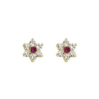 14K Yellow Gold Plated Red Flower CZ Stud Earrings with Screw-back for Children & Women