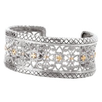 925 Silver Fleur-De-Lis Wide Band Cuff Bracelet with 18k Gold Accents 925 Silver Fleur-De-Lis Wide Band Cuff Bracelet with 18k Gold Accents