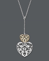 Explore the intricacies of the heart. Giani Bernini's stunning double heart y-shaped pendant features beautiful filigree detailing crafted from sterling silver and 24k gold over sterling silver. Approximate length: 16 inches + 2-inch extender. Approximate drop: 1-1/4 inches. Explore the intricacies of the heart. Giani Bernini's stunning double heart y-shaped pendant features beautiful filigree detailing crafted from sterling silver and 24k gold over sterling silver. Approximate length: 16 inches + 2-inch extender. Approximate drop: 1-1/4 inches.