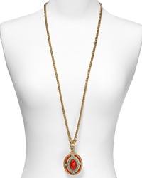 Nod to nautical-inspired style with this ornate coral and turquoise pendant necklace from Carolee. It's the perfect color pop partner for crisp Naval whites. Nod to nautical-inspired style with this ornate coral and turquoise pendant necklace from Carolee. It's the perfect color pop partner for crisp Naval whites.