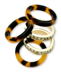 Mix and match with stackable style. This set of 5 rings from GUESS feature golden designs embellished with crystal accents and trendy tortoise hues. Crafted from gold tone mixed metal and tortoise resin. Size 7. Mix and match with stackable style. This set of 5 rings from GUESS feature golden designs embellished with crystal accents and trendy tortoise hues. Crafted from gold tone mixed metal and tortoise resin. Size 7.