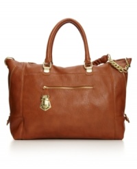 Simply stylish, Steve Madden's elegant Bsocial tote highlights a pebbled texture with shiny goldtone hardware, including chain-link detail on the detachable shoulder strap. Simply stylish, Steve Madden's elegant Bsocial tote highlights a pebbled texture with shiny goldtone hardware, including chain-link detail on the detachable shoulder strap.