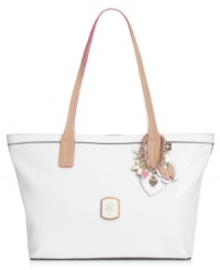 Welcome winter white with this frosted carryall from GUESS. Pristine faux leather is outfitted with signature detailing and contrast trim, while the spacious interior fits all your fashionista finds. Welcome winter white with this frosted carryall from GUESS. Pristine faux leather is outfitted with signature detailing and contrast trim, while the spacious interior fits all your fashionista finds.