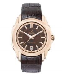 Command attention with deep, rich hues and the honored reputation of Bulova. The world's most accurate watch, this Precisionist collection piece features a continuously sweeping second hand for time accurate to ten seconds a year. Round rose goldtone stainless steel case and brown leather strap. Brown patterned dial with applied index features rose goldtone hands and stick indices, date window at six o'clock and logo. Quartz movement. Water resistant to 30 meters. Three-year limited warranty. Command attention with deep, rich hues and the honored reputation of Bulova. The world's most accurate watch, this Precisionist collection piece features a continuously sweeping second hand for time accurate to ten seconds a year. Round rose goldtone stainless steel case and brown leather strap. Brown patterned dial with applied index features rose goldtone hands and stick indices, date window at six o'clock and logo. Quartz movement. Water resistant to 30 meters. Three-year limited warranty.