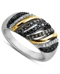 A luxurious, swirling mix. This pretty ring combines a sterling silver and 14k gold setting with round-cut black diamonds (1/3 ct. t.w.) and white diamonds (1/10 ct. t.w.) for ultimate sparkle. Size 7. A luxurious, swirling mix. This pretty ring combines a sterling silver and 14k gold setting with round-cut black diamonds (1/3 ct. t.w.) and white diamonds (1/10 ct. t.w.) for ultimate sparkle. Size 7.