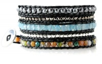 Marrakech Blue Amazonite, Hematite and Agate Gemstone Bracelet on Genuine Leather, Extra Long 5x Wrap Bracelet in Gift Box Marrakech Blue Amazonite, Hematite and Agate Gemstone Bracelet on Genuine Leather, Extra Long 5x Wrap Bracelet in Gift Box