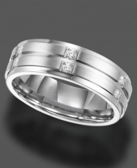 Geometric perfection. This stylish ring by Triton features six, round-cut diamonds (1/6 ct. t.w.) set in stainless steel. Features a comfort fit design for ultimate wearability. Approximate band width: 7 mm. Sizes 8-15. Geometric perfection. This stylish ring by Triton features six, round-cut diamonds (1/6 ct. t.w.) set in stainless steel. Features a comfort fit design for ultimate wearability. Approximate band width: 7 mm. Sizes 8-15.
