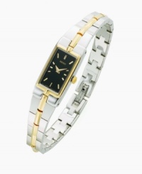 A sleek and modern timepiece that goes easily from office to elegant evening out. Rectangular black dial with gold-tone hands and markers. Stainless steel bracelet with gold-tone accents. Three-year limited warranty. 14mm. A sleek and modern timepiece that goes easily from office to elegant evening out. Rectangular black dial with gold-tone hands and markers. Stainless steel bracelet with gold-tone accents. Three-year limited warranty. 14mm.