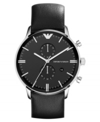 Sleek metal and rich leather lend a handsome touch to this chronograph watch from Emporio Armani. Sleek metal and rich leather lend a handsome touch to this chronograph watch from Emporio Armani.